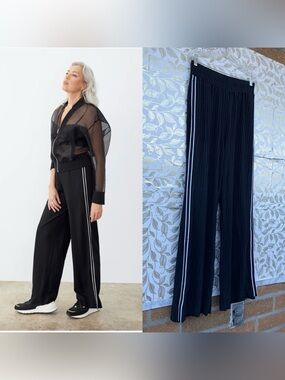 GSTQ Black Pleated Wide Leg Pants L High Rise Sporty Chic Side Stripe Vibe